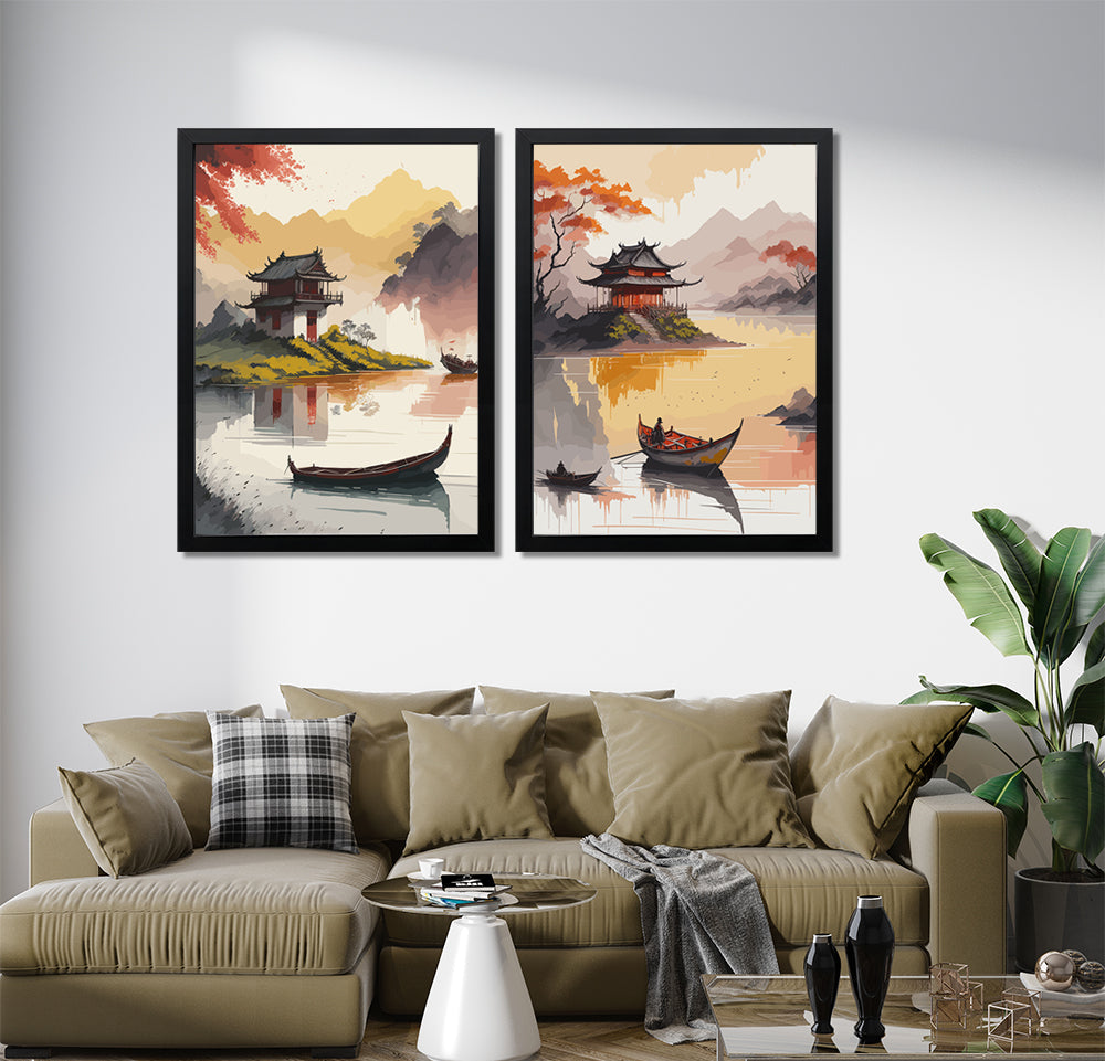 Chinese Style Boats With Pagoda In Background (2 Panel) Landscape Wall