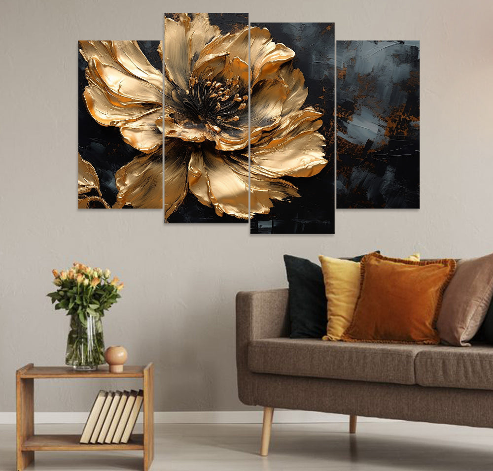 Beautiful Gold Flower Over Black Background (4 Panel) Floral Wall Art