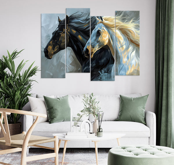 Abstract Beautiful Black & White Running Horses (4 Panel) Animal Wall