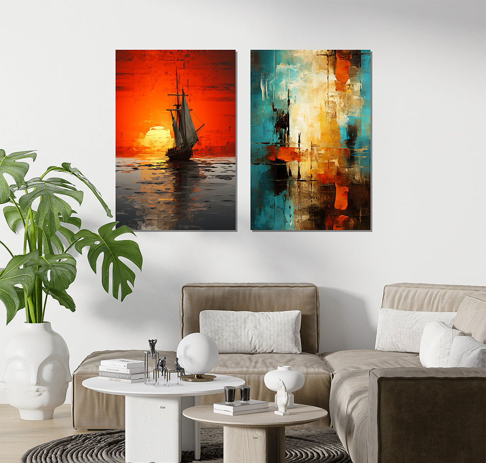 Jade & Red Abstract Boat Brush Stroke Style (2 Panel) Abstract Wall Ar