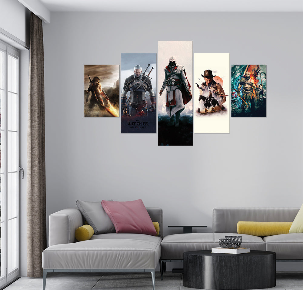 Gaming Characters in Action (5 Panel) Game Wall Art