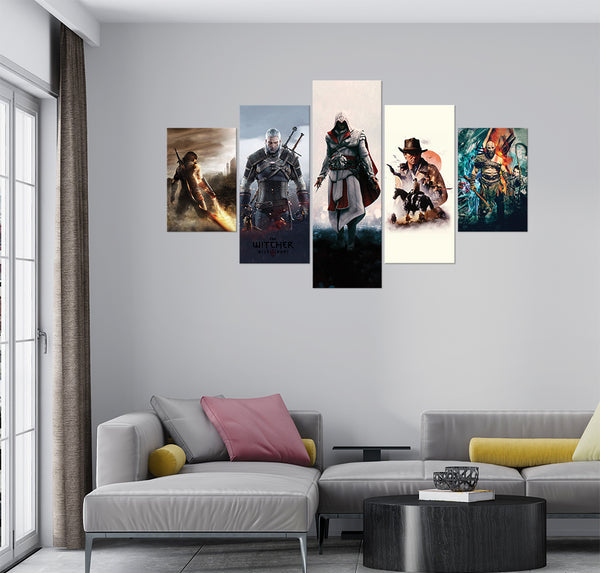 Gaming Characters in Action (5 Panel) Game Wall Art