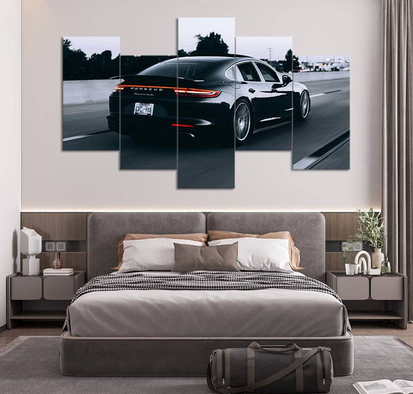 Black Porsche on Road Duotone (5 Panel) Cars Wall Art