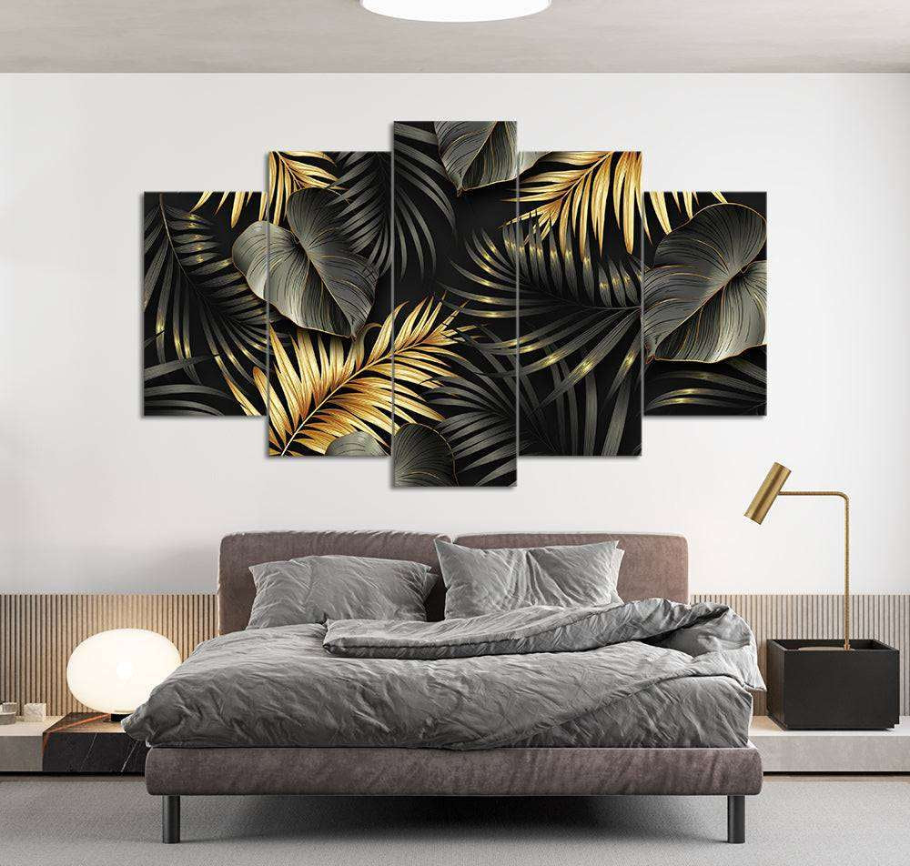 Black & Gold Tropical Leaves (5 Panel) Floral Wall Art