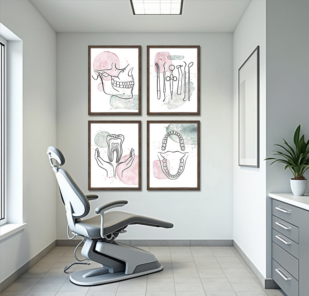 Dental Tools And Elements With Pastel Blobs (4 Panel) Healthcare Wall