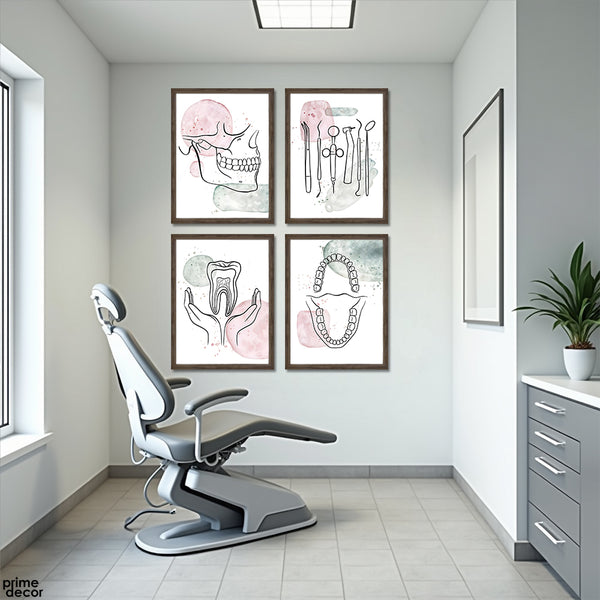 Dental Tools And Elements With Pastel Blobs (4 Panel) Healthcare Wall
