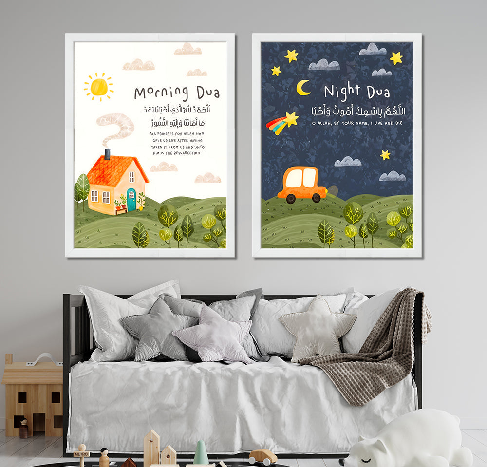 Morning & Night Dua With Cute Watercolor Illustrations (2 Panel) Nurse