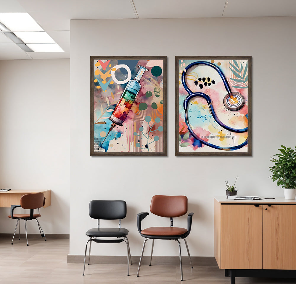 Stethoscope & Injection With Abstract Nordic Background (2 Panel) Heal