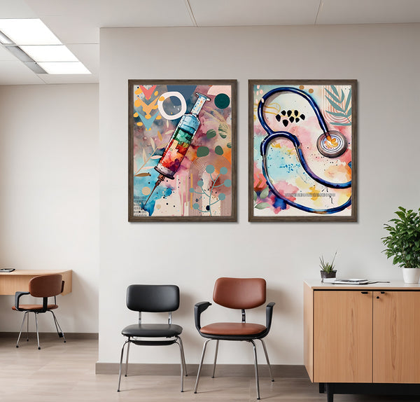 Stethoscope & Injection With Abstract Nordic Background (2 Panel) Heal