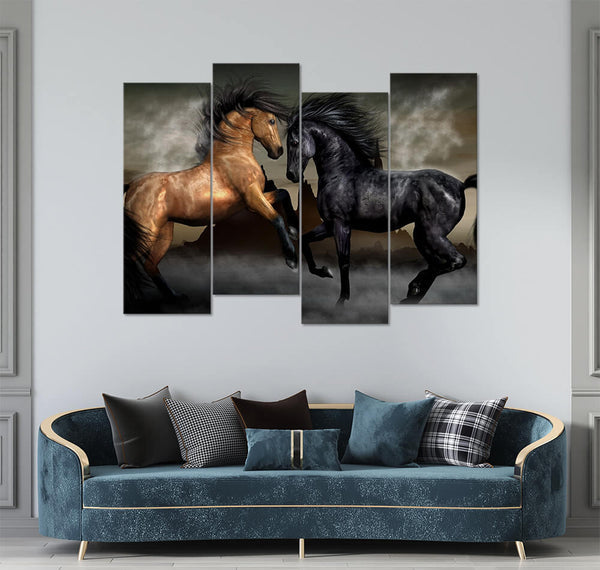 Black And Gold Fighting Horses (4 Panel) Animal Wall Art
