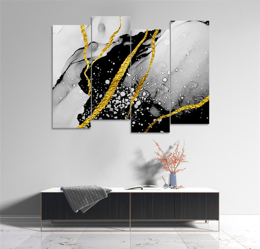 Black & Gold Marble Splash (4 Panel) Abstract Wall Art