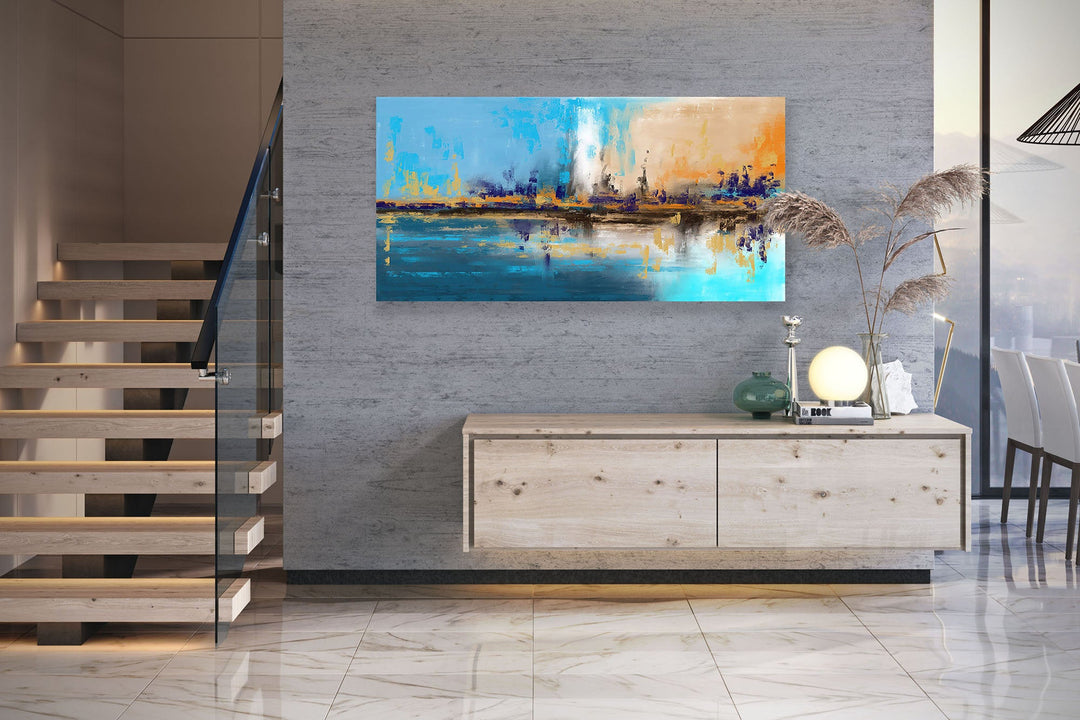 Blue Yellow Beige Palette Knife Artwork Original Abstract Painting