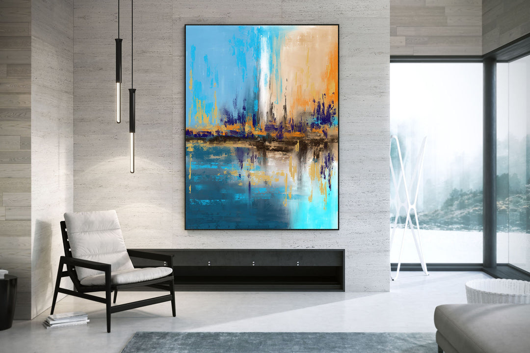 Blue Yellow Beige Palette Knife Artwork Original Abstract Painting