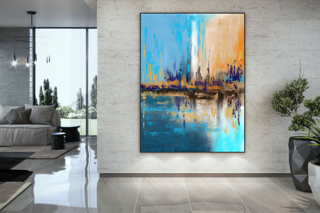 Blue Yellow Beige Palette Knife Artwork Original Abstract Painting