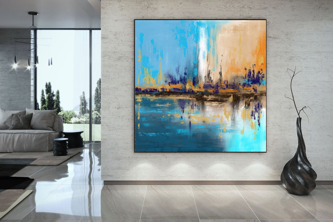 Blue Yellow Beige Palette Knife Artwork Original Abstract Painting