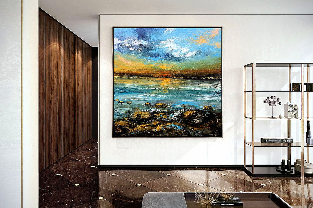 Blue Yellow Sea 3D Textured Palette Knife Painting Original Landscape Painting