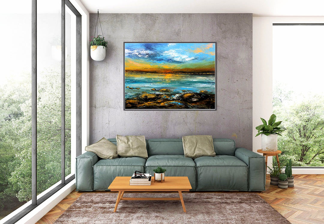 Blue Yellow Sea Palette Knife Textured Painting Original Landscape Painting