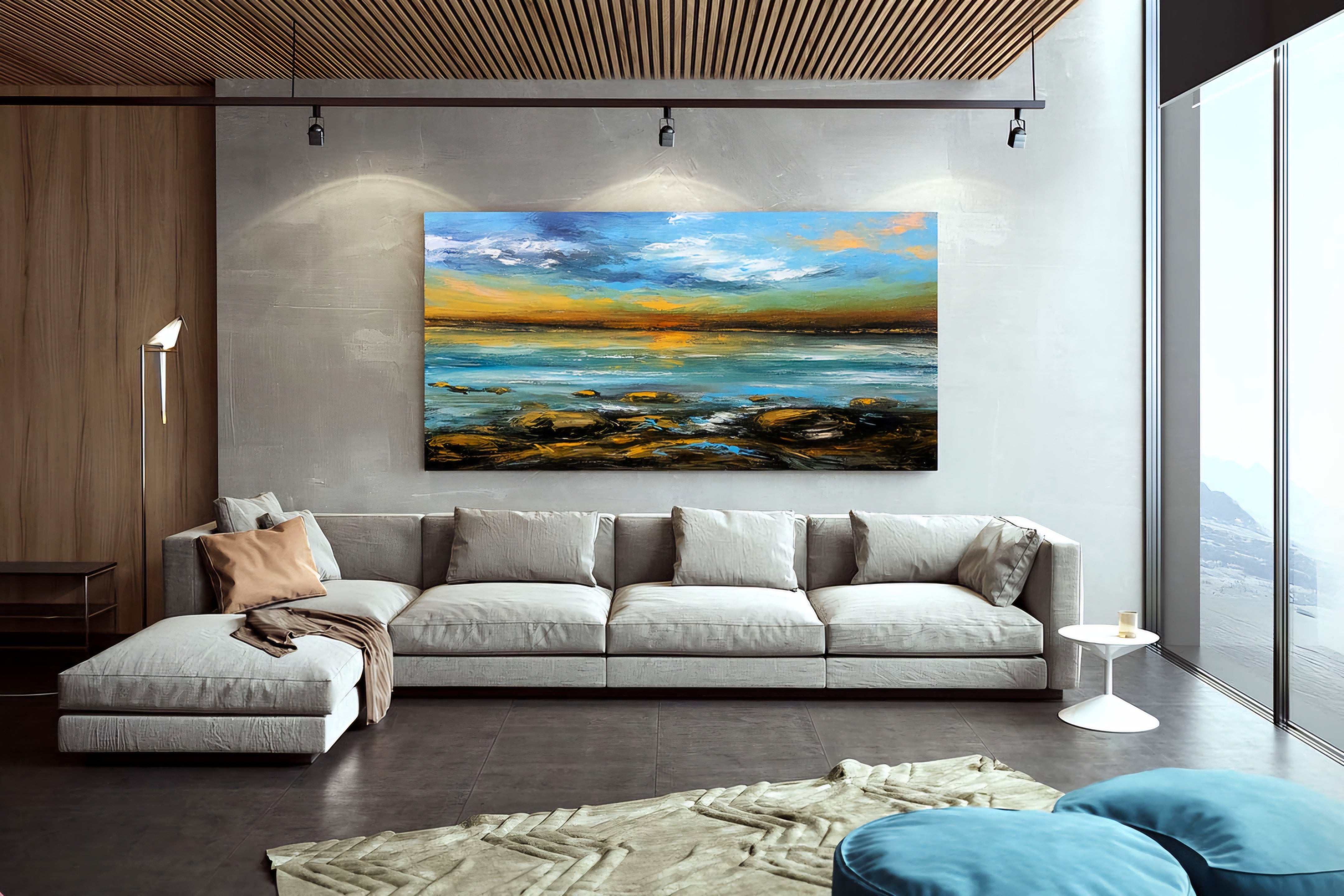 Blue Yellow Sea Palette Knife Textured Painting Original Landscape Painting