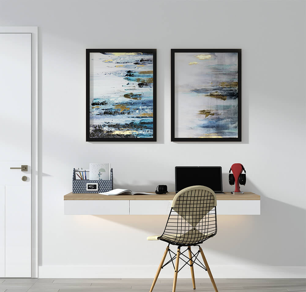 Blue Abstract Foil Strokes (2 Panel) Abstract Wall Art