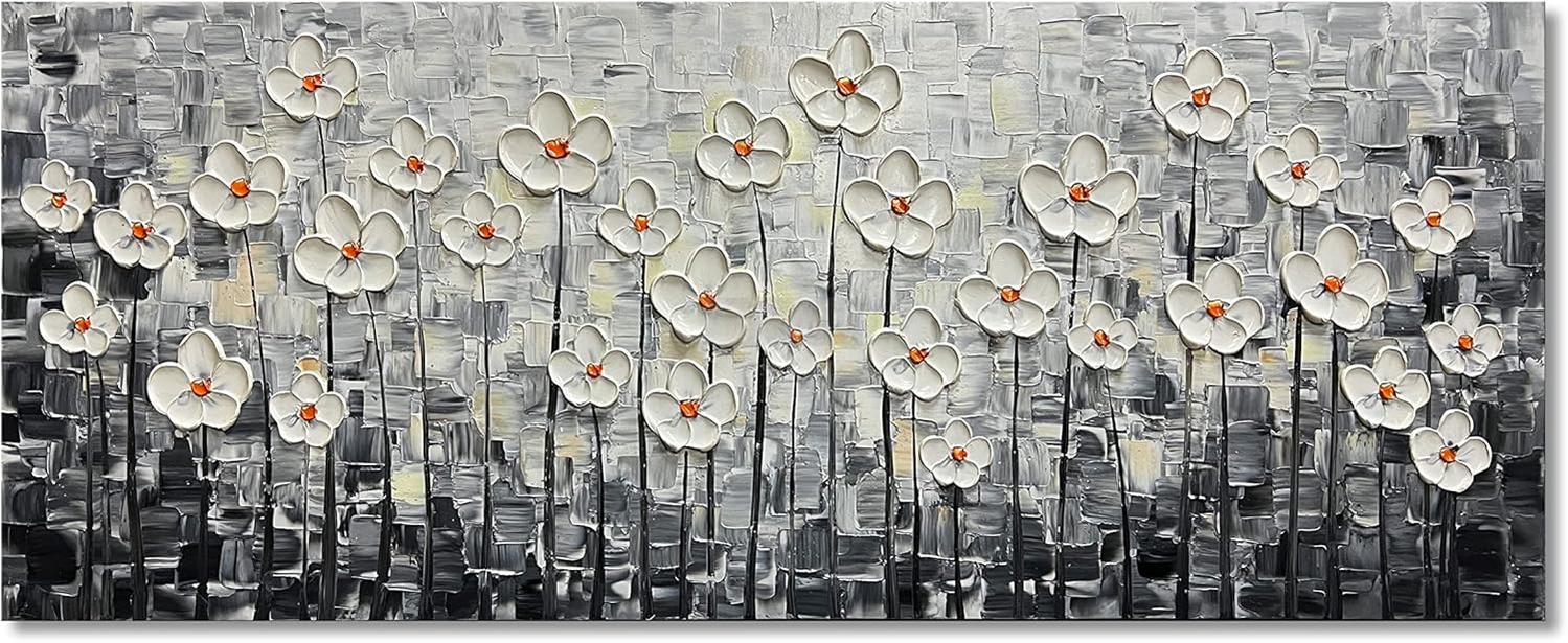 Canvas Wall Art 3D White Floral Oil Painting Bedroom Kitchen Dining Room Office Home Wall Decoration-Painting-BEESARI