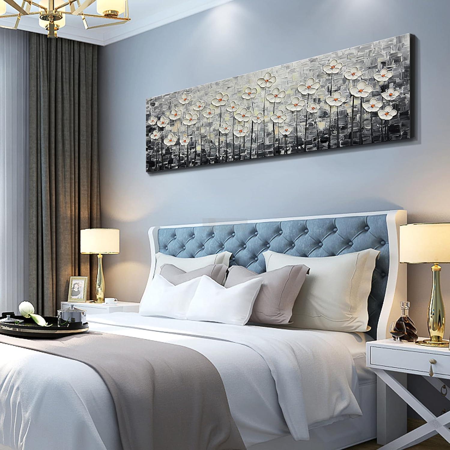 Canvas Wall Art 3D White Floral Oil Painting Bedroom Kitchen Dining Room Office Home Wall Decoration-Painting-BEESARI