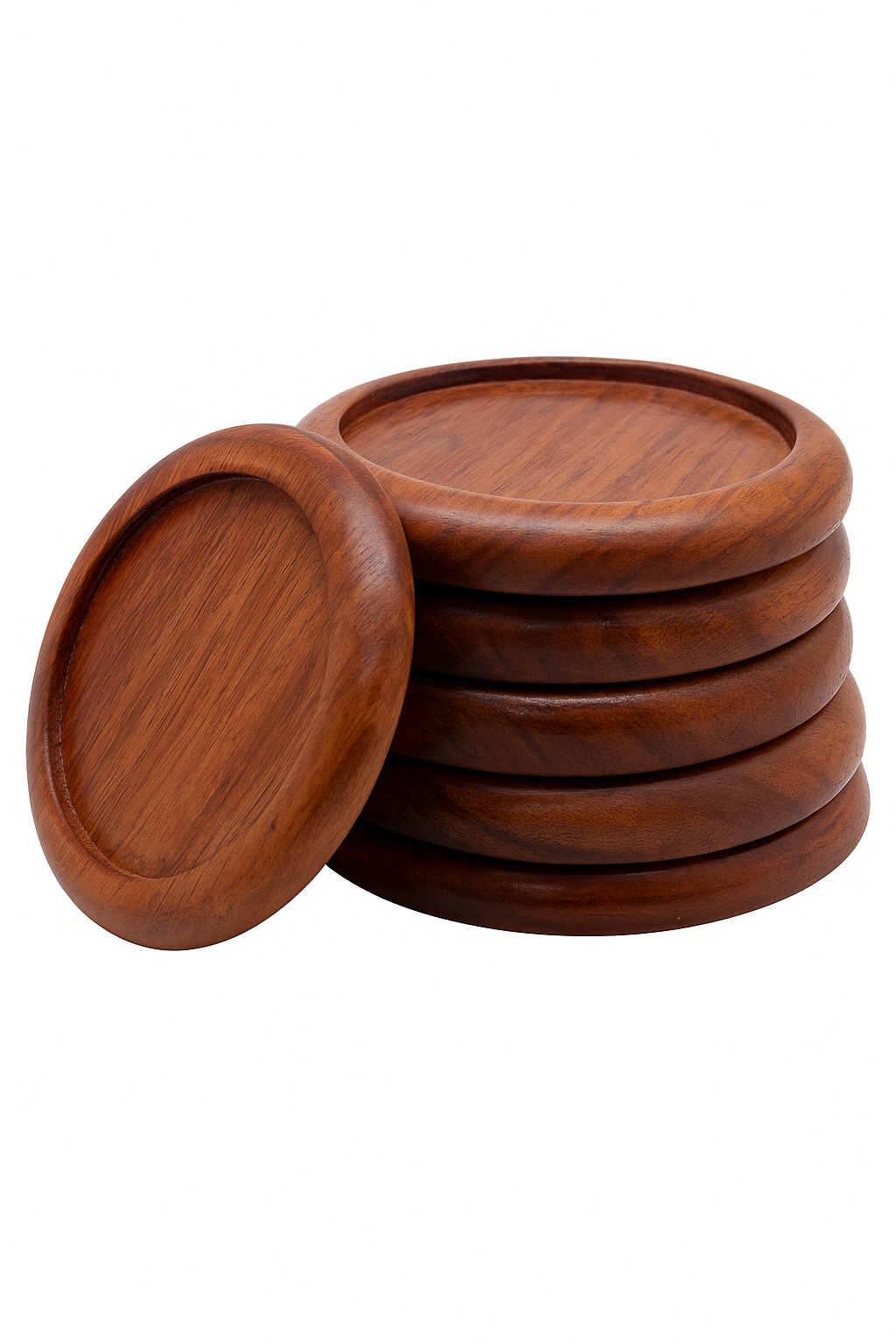 Handcrafted Wooden Coaster Set of 6 with Holder – Round Rustic Drink Mats, Polished Solid Wood Coasters for Hot & Cold Beverages, Eco-Friendly Gift