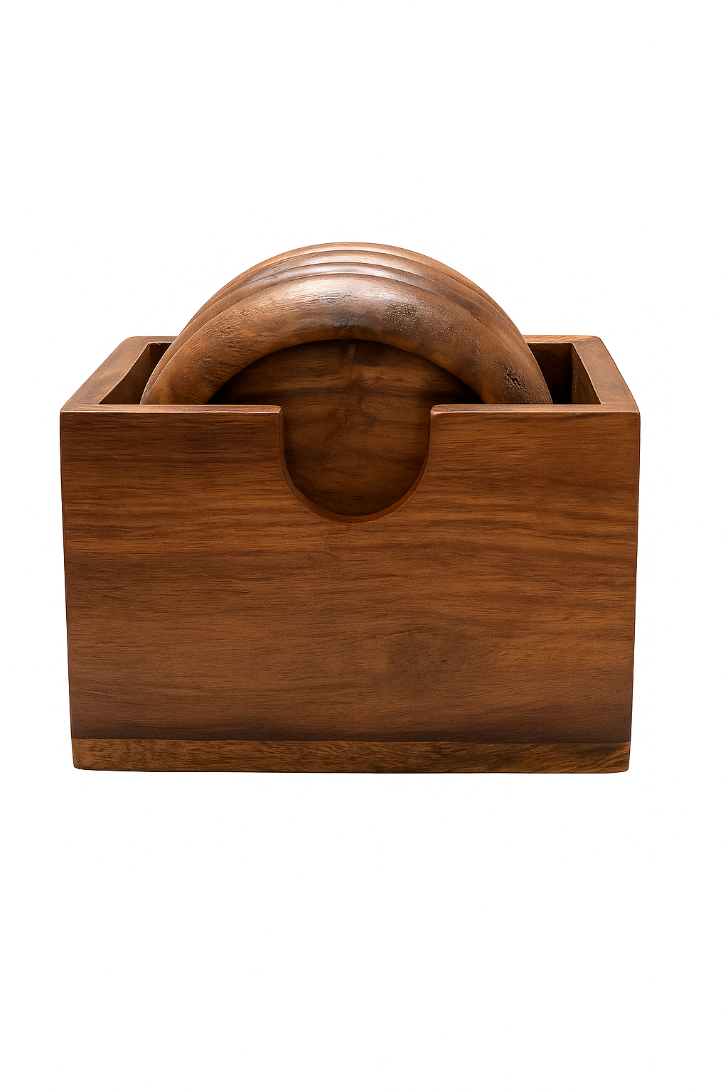 Handcrafted Wooden Coaster Set of 6 with Holder – Round Rustic Drink Mats, Polished Solid Wood Coasters for Hot & Cold Beverages, Eco-Friendly Gift