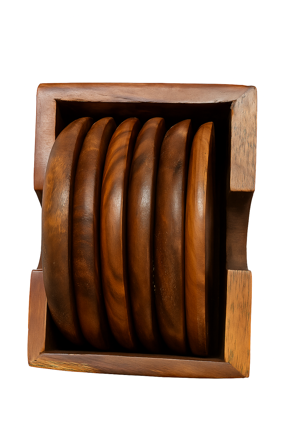 Handcrafted Wooden Coaster Set of 6 with Holder – Round Rustic Drink Mats, Polished Solid Wood Coasters for Hot & Cold Beverages, Eco-Friendly Gift