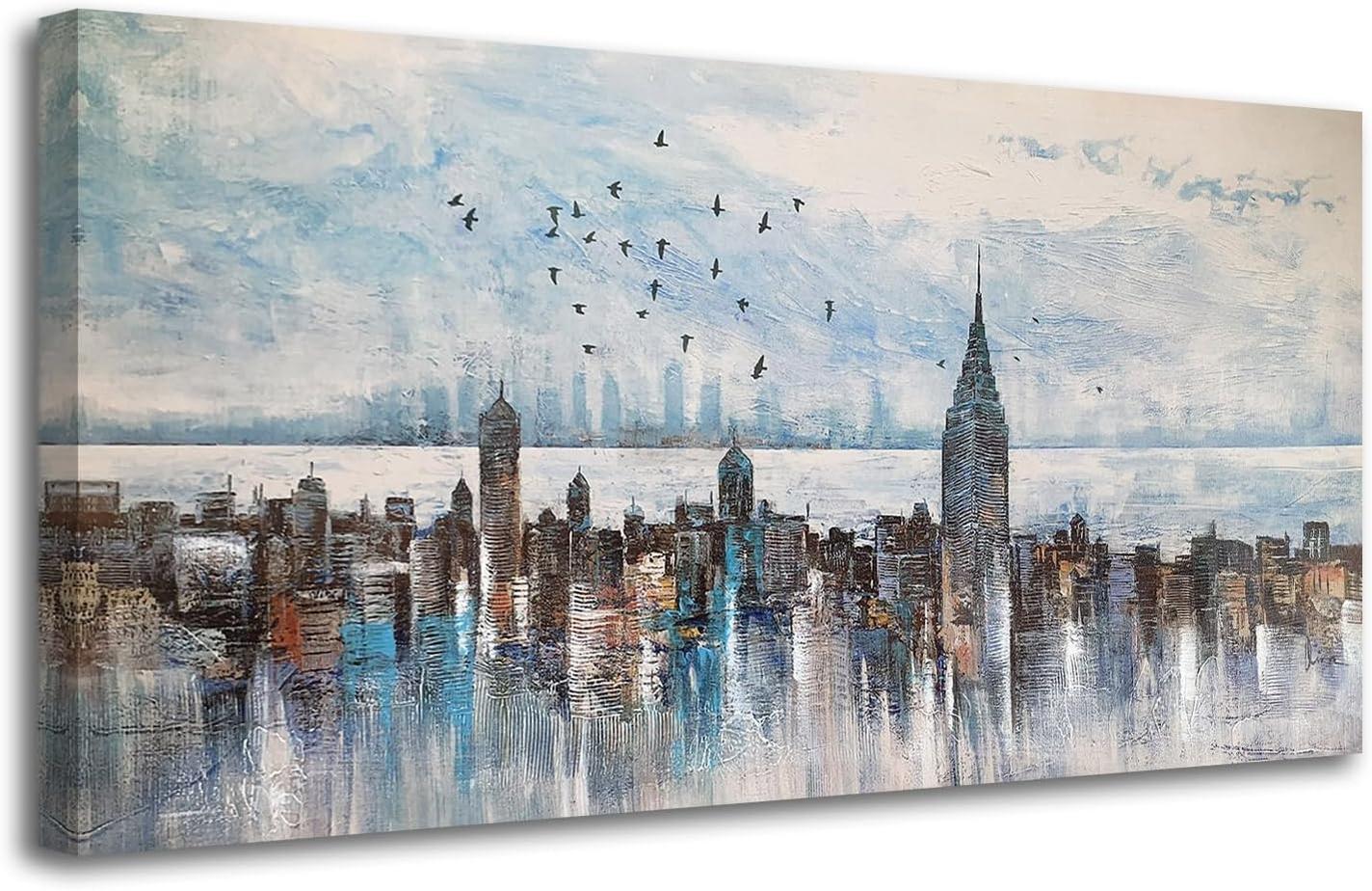 Cityscape Wall Art New York City Skyline Buildings Modern Abstract Grey NYC Skyline Birds Painting-Painting-BEESARI