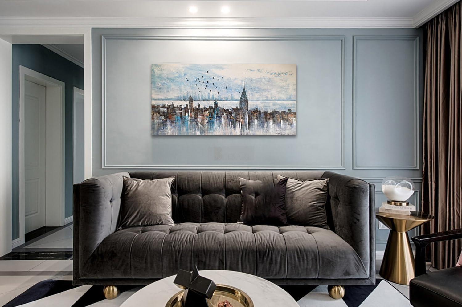 Cityscape Wall Art New York City Skyline Buildings Modern Abstract Grey NYC Skyline Birds Painting-Painting-BEESARI