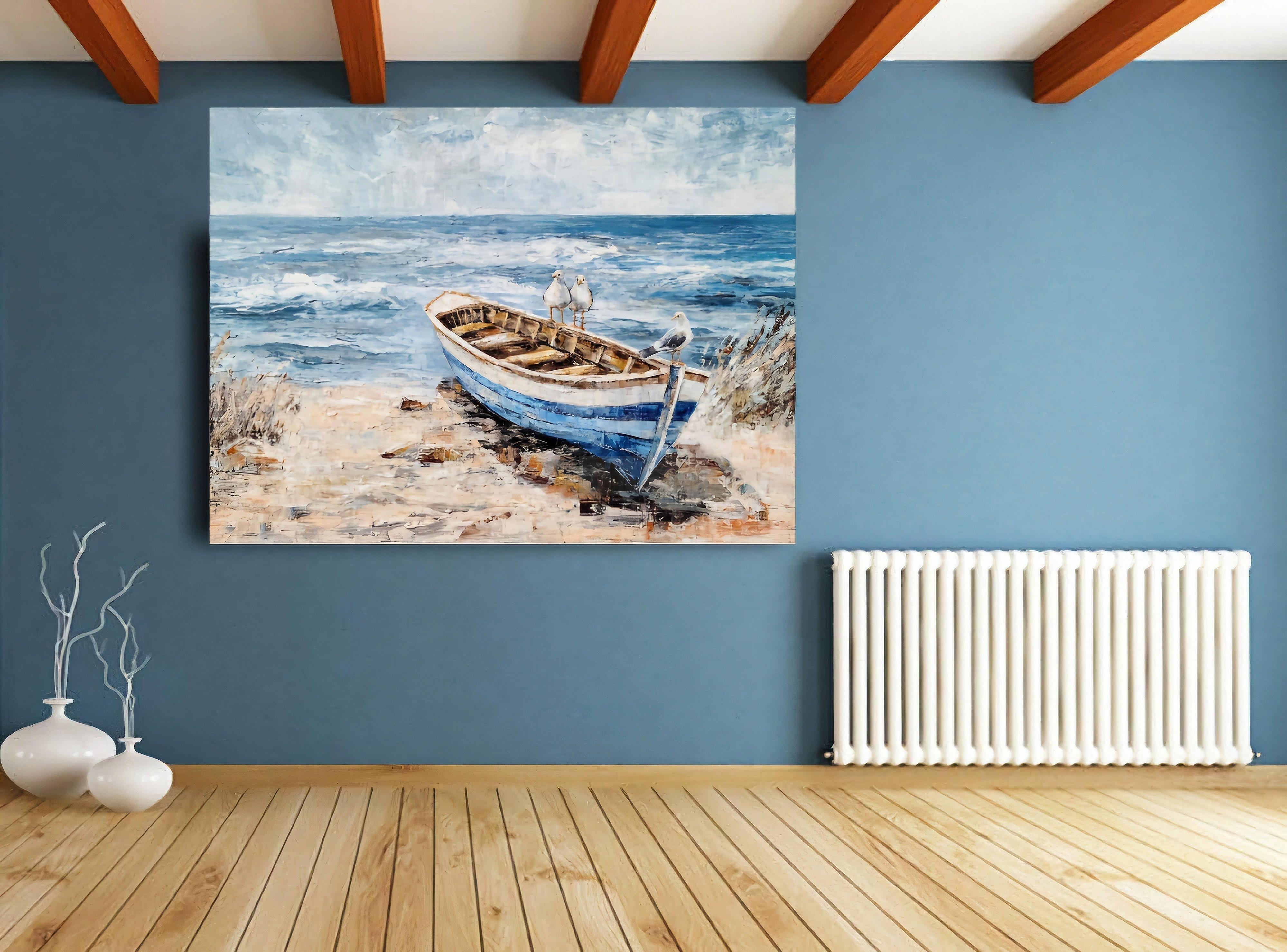 Coastal Canvas Wall Art - Hand Painted Beach Painting - Seagulls on Boat Painting - Seascape Coastal Artwork-Painting-BEESARI