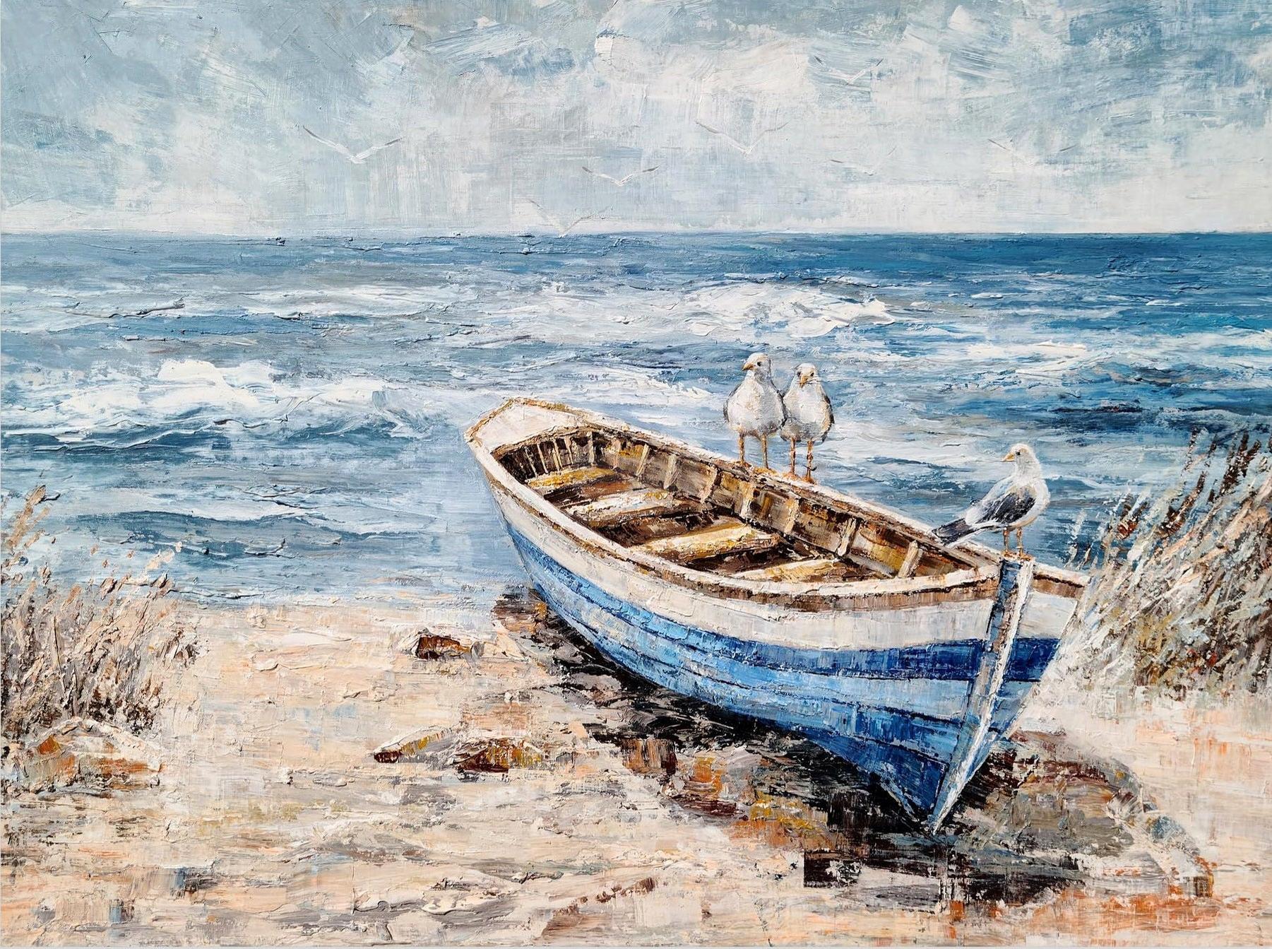 Coastal Canvas Wall Art - Hand Painted Beach Painting - Seagulls on Boat Painting - Seascape Coastal Artwork-Painting-BEESARI