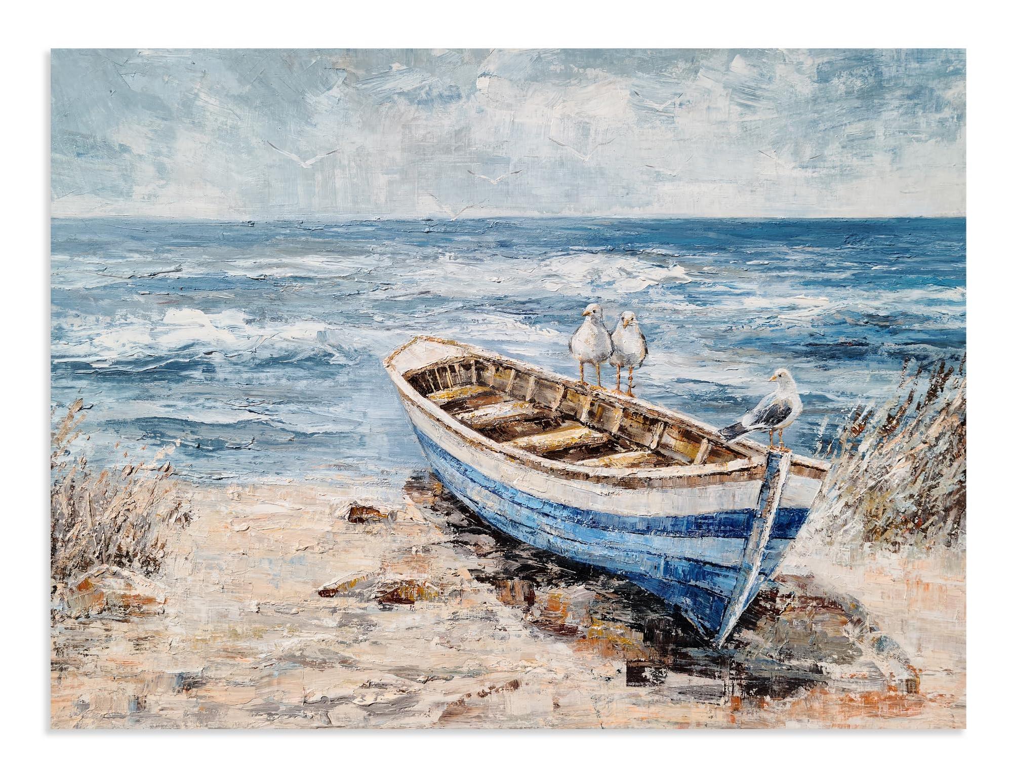 Coastal Canvas Wall Art - Hand Painted Beach Painting - Seagulls on Boat Painting - Seascape Coastal Artwork-Painting-BEESARI
