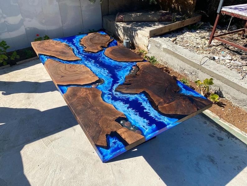 Custom Dark Walnut Wood Ocean Wave Resin Epoxy Table - Handmade Live Edge Furniture-Tables-BEESARI