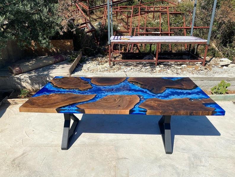 Custom Dark Walnut Wood Ocean Wave Resin Epoxy Table - Handmade Live Edge Furniture-Tables-BEESARI
