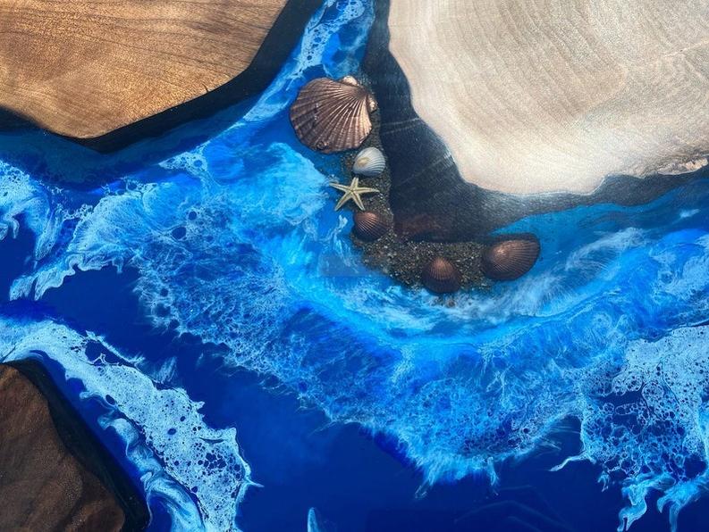 Custom Dark Walnut Wood Ocean Wave Resin Epoxy Table - Handmade Live Edge Furniture-Tables-BEESARI