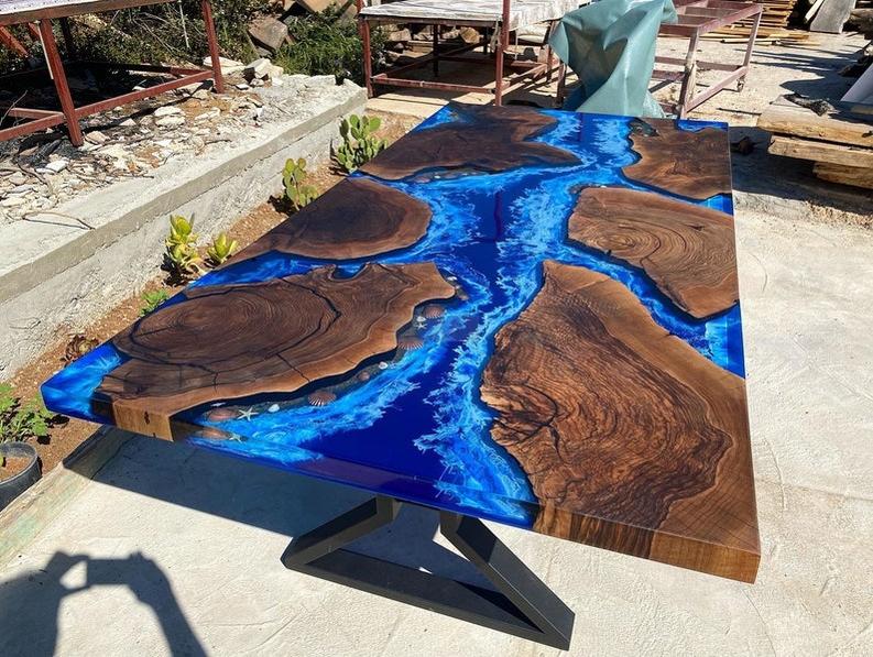 Custom Dark Walnut Wood Ocean Wave Resin Epoxy Table - Handmade Live Edge Furniture-Tables-BEESARI