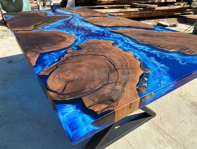 Custom Dark Walnut Wood Ocean Wave Resin Epoxy Table - Handmade Live Edge Furniture-Tables-BEESARI