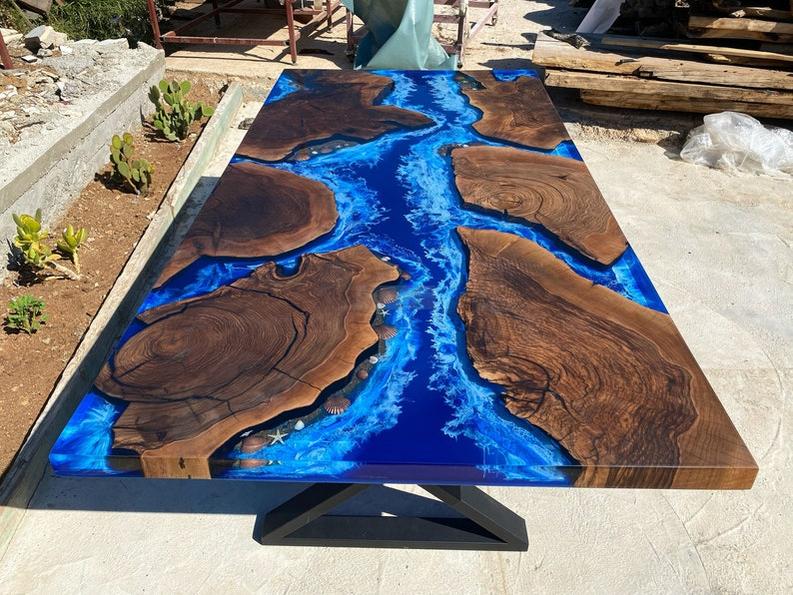 Custom Dark Walnut Wood Ocean Wave Resin Epoxy Table - Handmade Live Edge Furniture-Tables-BEESARI