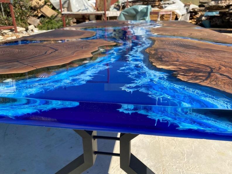 Custom Dark Walnut Wood Ocean Wave Resin Epoxy Table - Handmade Live Edge Furniture-Tables-BEESARI
