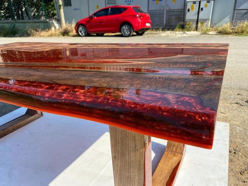 Custom RoseWood Table with Red Metallic Epoxy - Handmade Live Edge Resin Furniture with Special Legs Design-Tables-BEESARI
