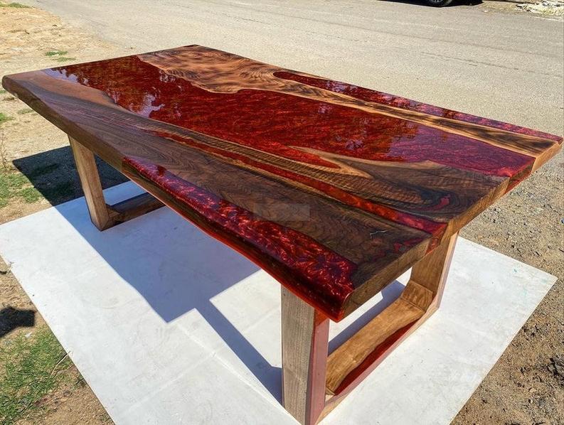 Custom RoseWood Table with Red Metallic Epoxy - Handmade Live Edge Resin Furniture with Special Legs Design-Tables-BEESARI
