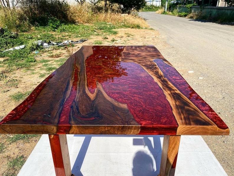 Custom RoseWood Table with Red Metallic Epoxy - Handmade Live Edge Resin Furniture with Special Legs Design-Tables-BEESARI
