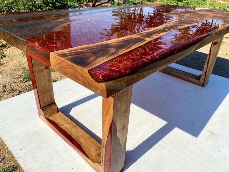 Custom RoseWood Table with Red Metallic Epoxy - Handmade Live Edge Resin Furniture with Special Legs Design-Tables-BEESARI