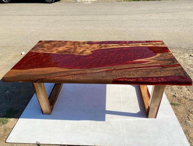 Custom RoseWood Table with Red Metallic Epoxy - Handmade Live Edge Resin Furniture with Special Legs Design-Tables-BEESARI