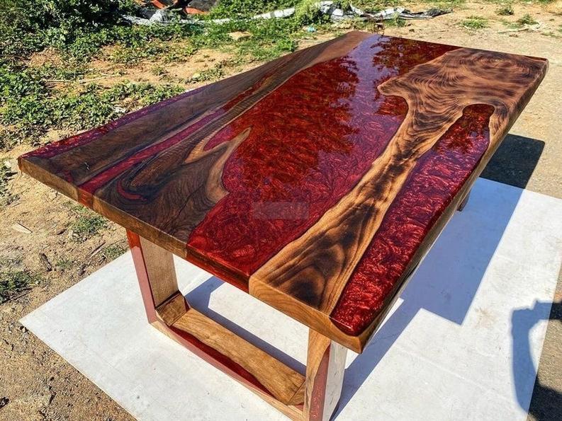 Custom RoseWood Table with Red Metallic Epoxy - Handmade Live Edge Resin Furniture with Special Legs Design-Tables-BEESARI