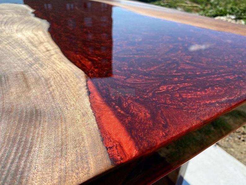 Custom RoseWood Table with Red Metallic Epoxy - Handmade Live Edge Resin Furniture with Special Legs Design-Tables-BEESARI