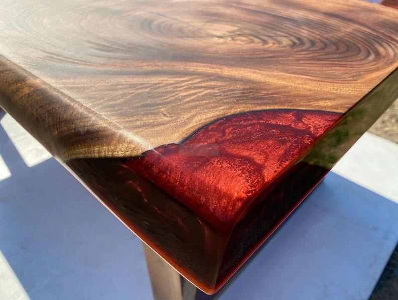 Custom RoseWood Table with Red Metallic Epoxy - Handmade Live Edge Resin Furniture with Special Legs Design-Tables-BEESARI