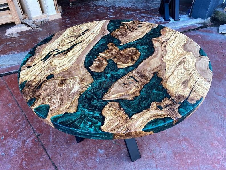 Custom Rosewood Live Edge Dark Emerald Resin Epoxy Table - Handcrafted Artistry-Tables-BEESARI