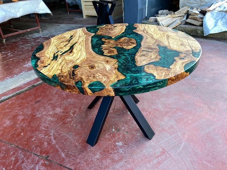 Custom Rosewood Live Edge Dark Emerald Resin Epoxy Table - Handcrafted Artistry-Tables-BEESARI